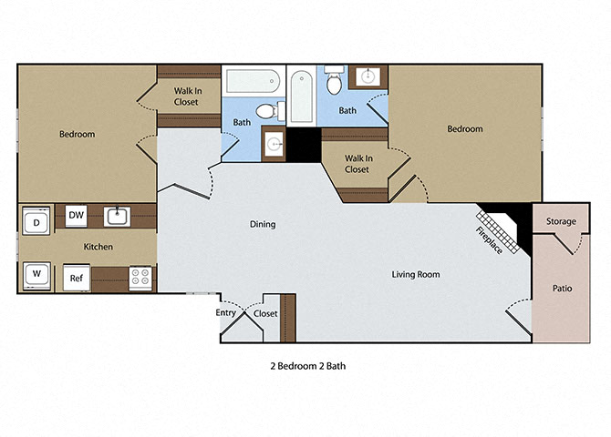 Floor plan for 2 beds, 2 baths, 1000 sqft